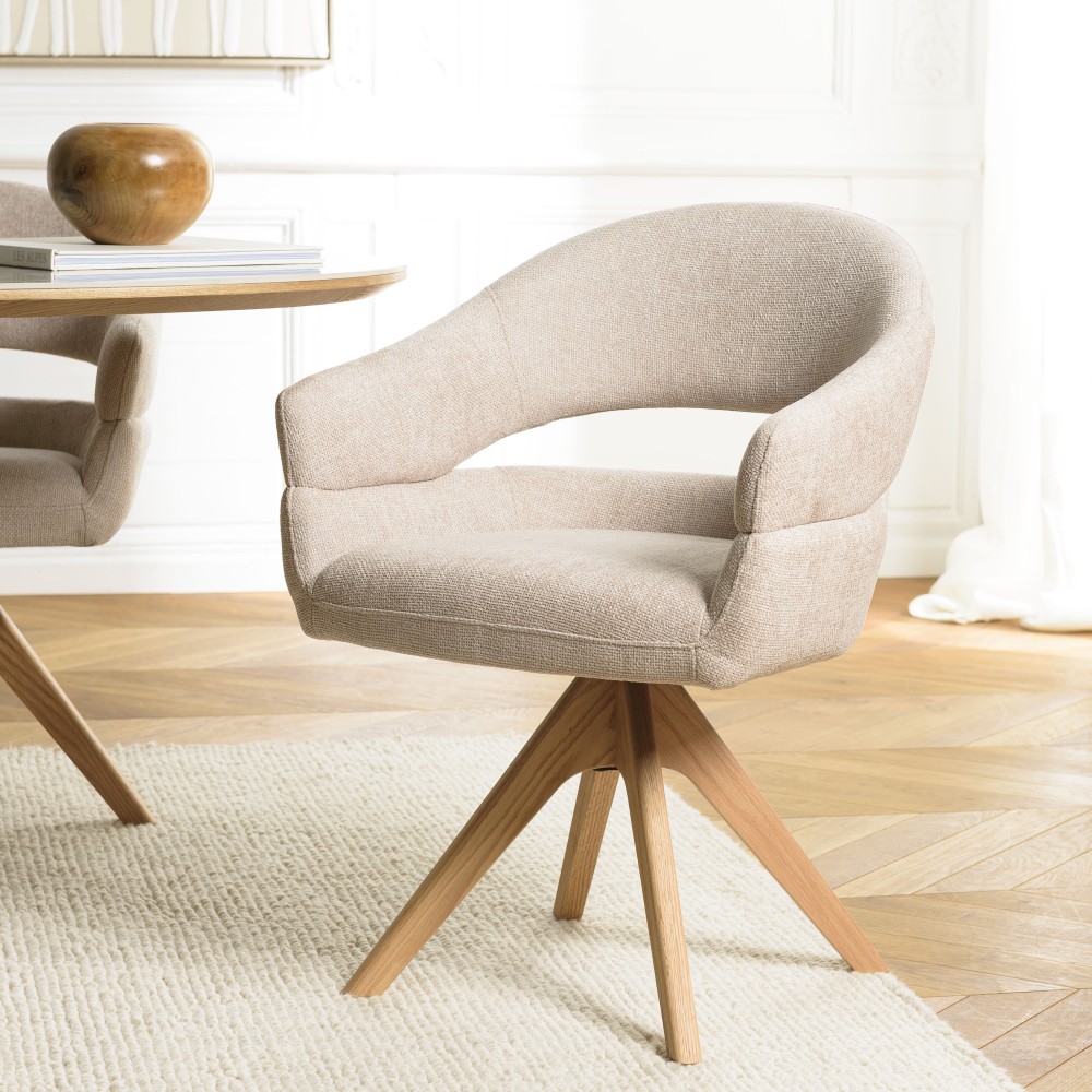 Swivel chair in beige fabric with rounded backrest, wooden legs | Ugo Collection