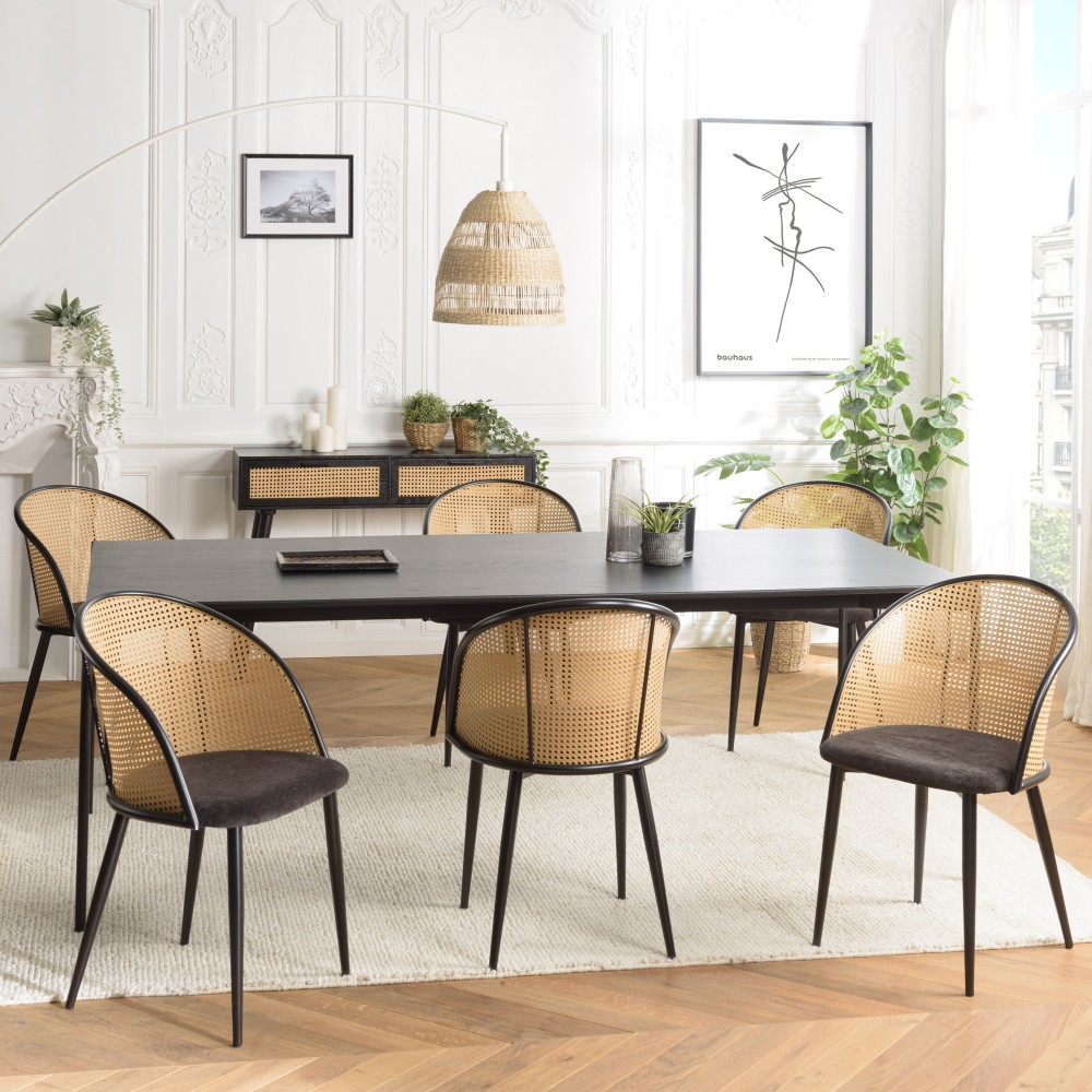 SECOND-HAND - 2 black fabric armchairs with rounded backs and cane effect