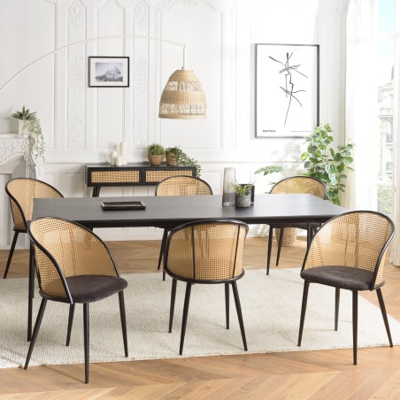 SECOND-HAND - 2 black fabric armchairs with rounded backs and cane effect