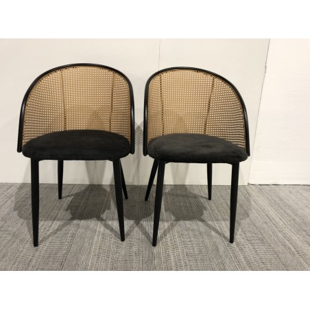 SECOND-HAND - 2 black fabric armchairs with rounded backs and cane effect
