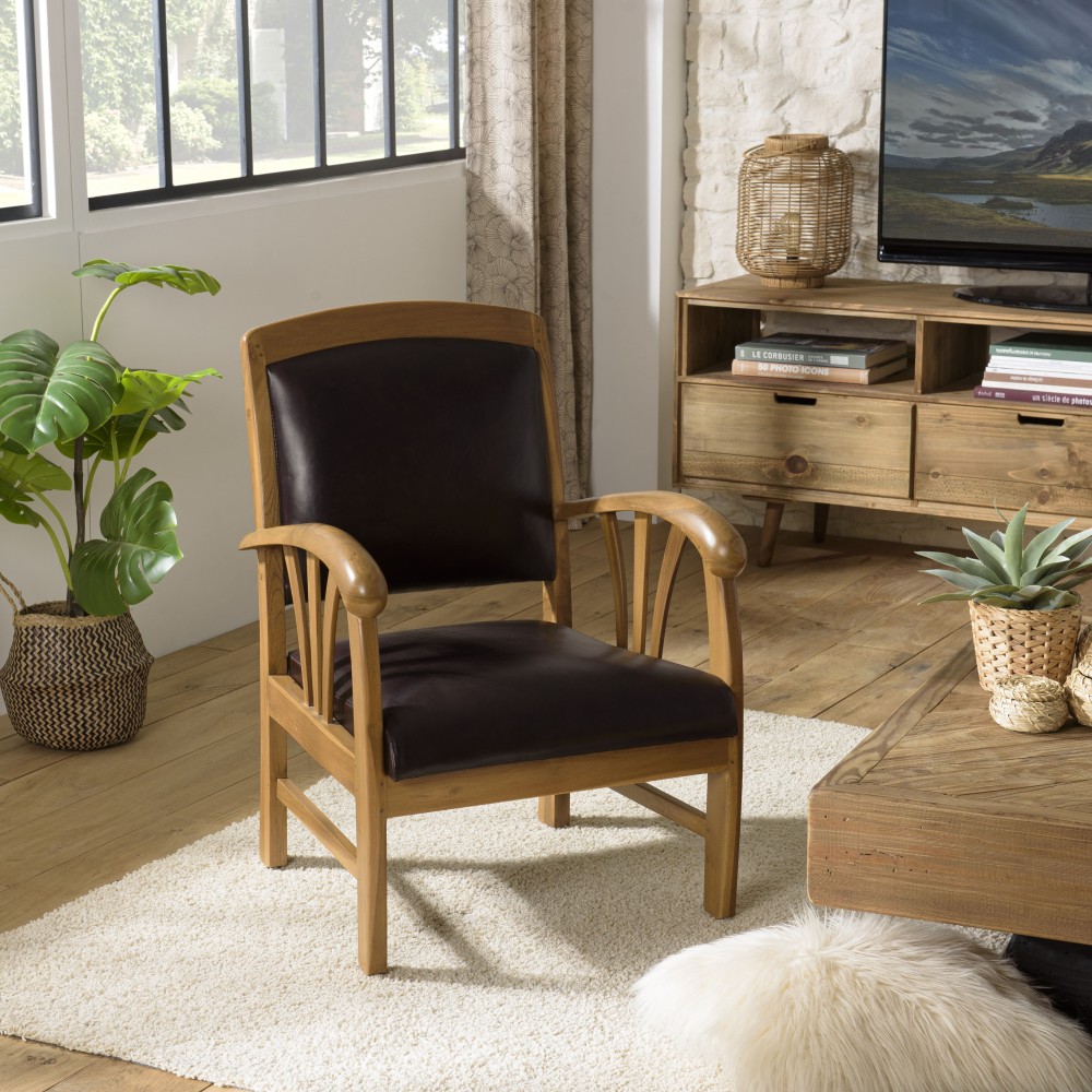 Teak and Brown Leather Armchair DAK