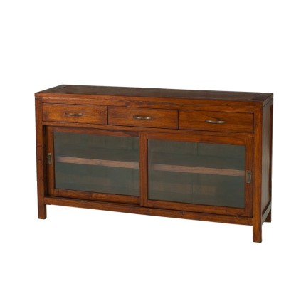 LORINE - Brown Buffet with Sliding Glass Doors and 3 Drawers