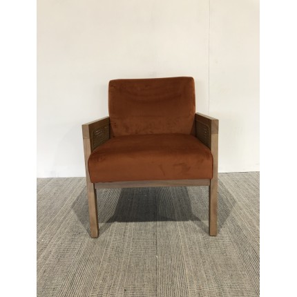 Orange velvet armchair with wooden legs and rattan armrests | Second Hand