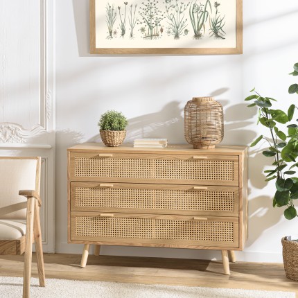 Natural-coloured wooden chest of drawers with 3 cane drawers | Second Hand