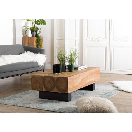 Table basse poutres 120x60cm bois Suar pieds noirs | Seconde Main