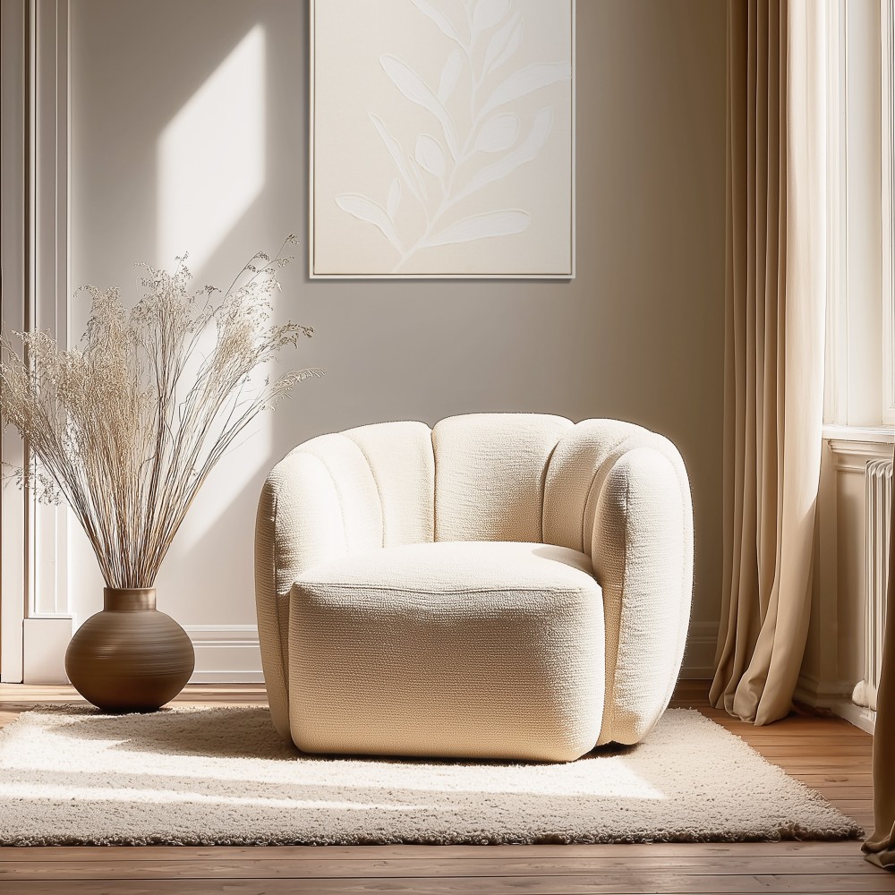 Fauteuil rembourré en tissu beige | Meubles Macabane