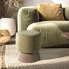 Round pouffe in green fabric with wooden base, D41cm | Macabane Furniture