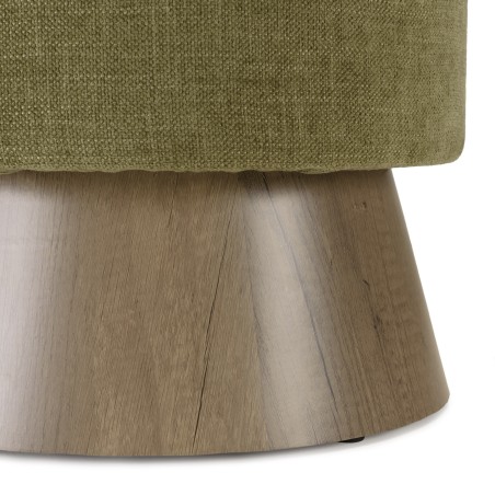 Round pouffe in green fabric with wooden base, D41cm | Macabane Furniture