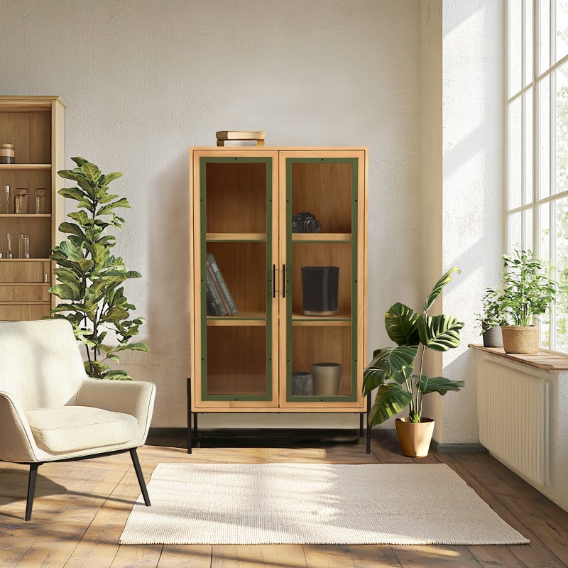 2-door glass-fronted sideboard in pine green and black metal - SECOND-HAND