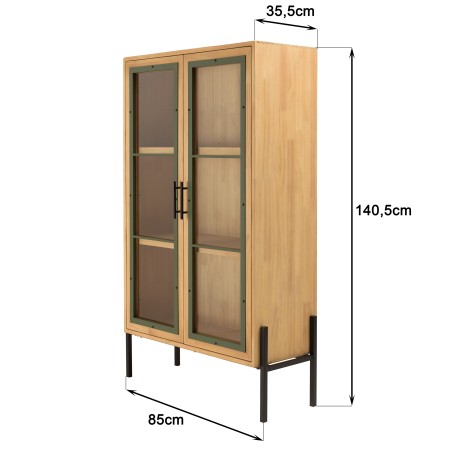 Vaisselier 2 portes vitrées vert bois pin et métal noir - SECONDE MAIN