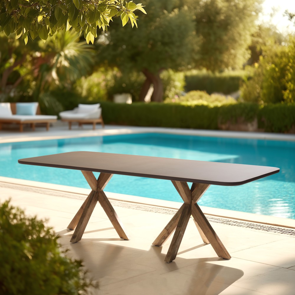 Table à manger 240x100cm effet béton marron pieds en bois d'acacia | Macabane