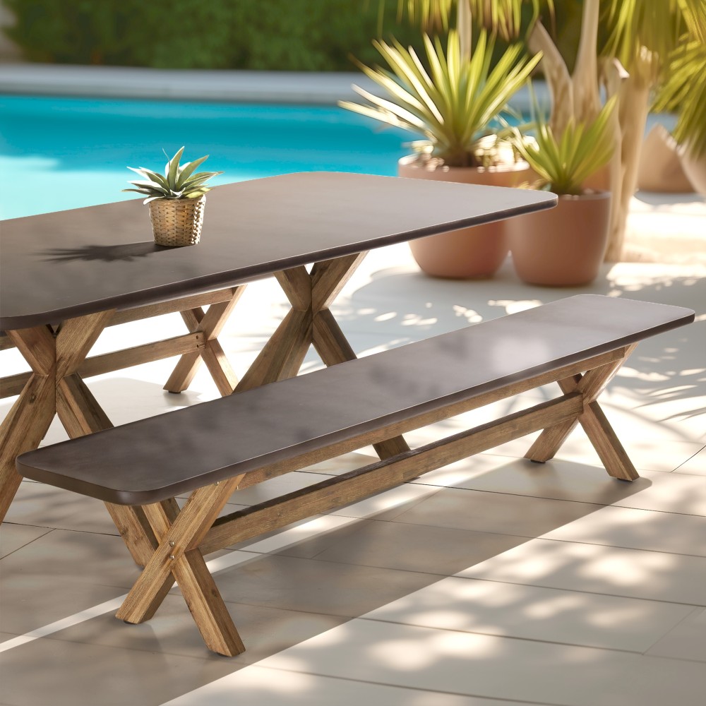 Banc 240x40cm effet béton marron pieds en bois d'acacia | Macabane