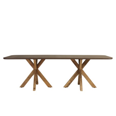 Ensemble table et bancs effet béton marron pieds en bois d'acacia | Macabane