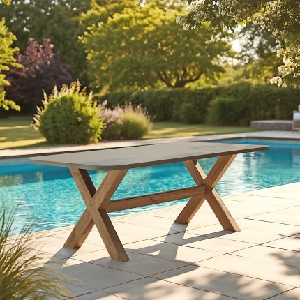 200x100cm brown concrete-effect dining table with acacia wood legs | Macabane