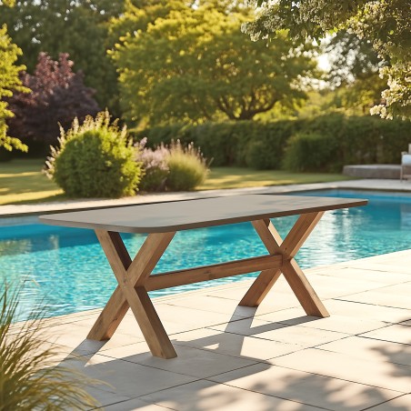 Table à manger 200x100cm effet béton marron pied en bois d'acacia | Macabane