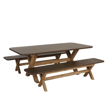 Ensemble table et bancs effet béton marron pieds en bois d'acacia | Macabane