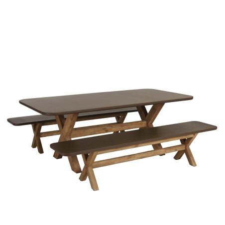 Ensemble table et bancs effet béton marron pieds en bois d'acacia | Macabane