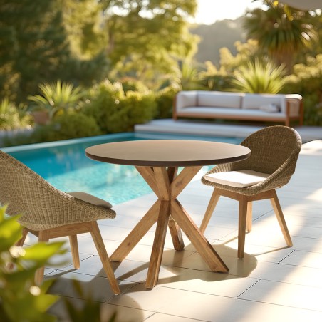 Round brown concrete-effect dining table with acacia wood legs, 100cm diameter | Macabane