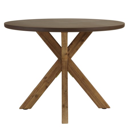 Round brown concrete-effect dining table with acacia wood legs, 100cm diameter | Macabane