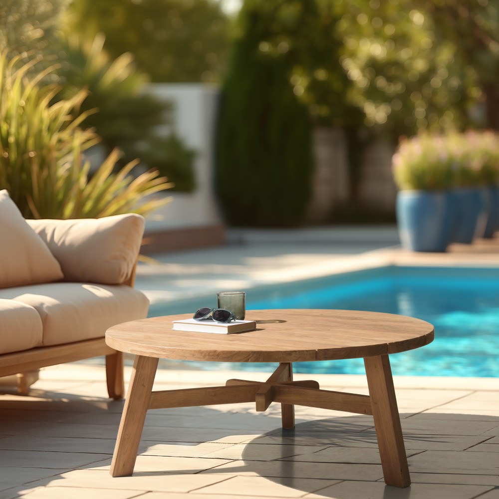 Round garden coffee table made from recycled teak | Macabane Furniture