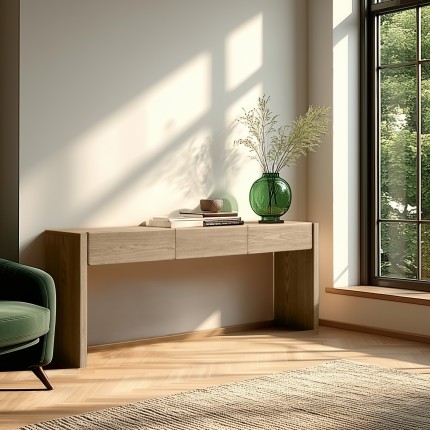 3-drawer console table with rounded design in a natural finish | Macabane Furniture