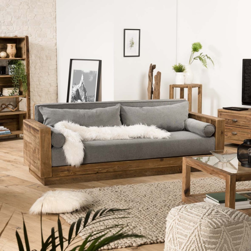 SECONDE MAIN - Canapé 3 places bois Pin recyclé marron tissu gris