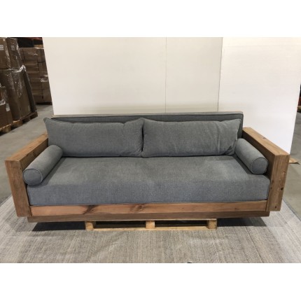 SECOND HAND - 3-Seater Sofa in Brown Recycled Pine with Grey Fabric