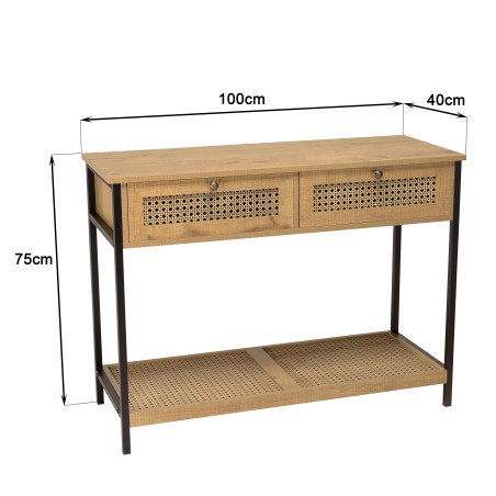 SECONDE MAIN - Console bois marron 2 tiroirs 1 étagère cannage pieds métal