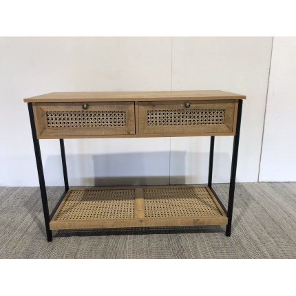 SECONDE MAIN - Console bois marron 2 tiroirs 1 étagère cannage pieds métal