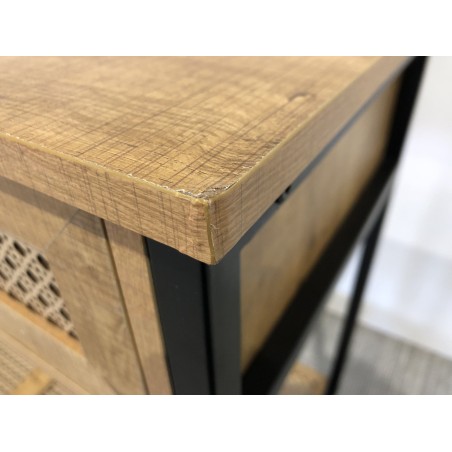 SECONDE MAIN - Console bois marron 2 tiroirs 1 étagère cannage pieds métal