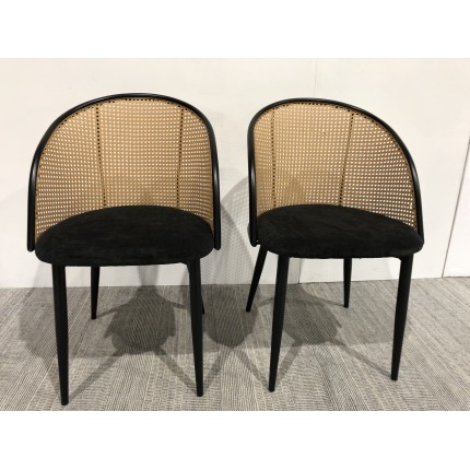 SECOND-HAND - 2 black fabric armchairs with rounded backs and cane effect