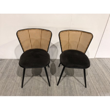 LEA Set of 2 Chairs - Black Fabric Seat & Cane-Effect Backrest