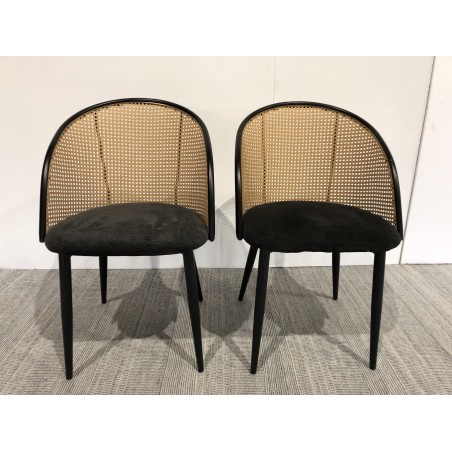 SECOND-HAND - 2 black fabric armchairs with rounded backs and cane effect
