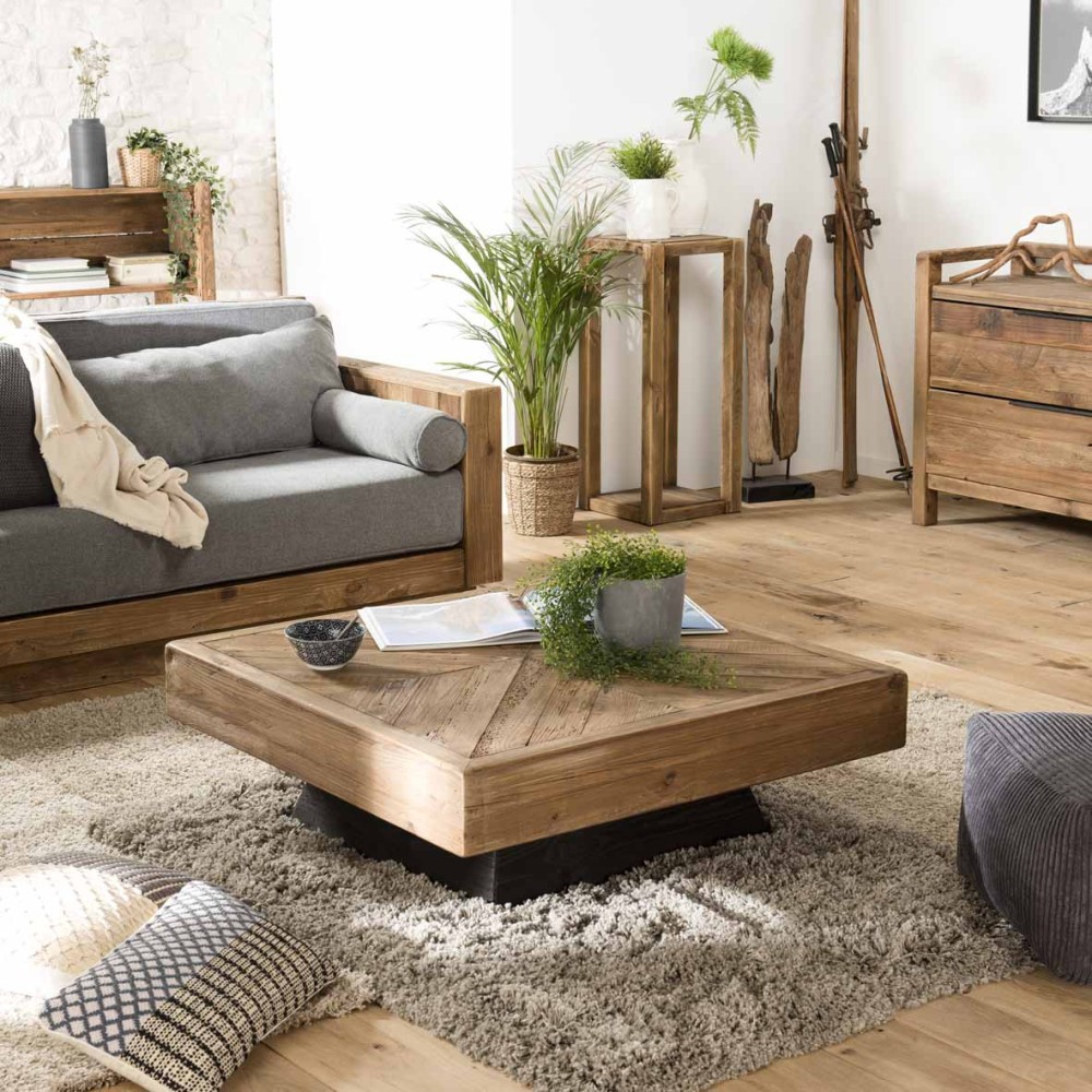 Square coffee table in recycled pine wood | SECONDE VIE