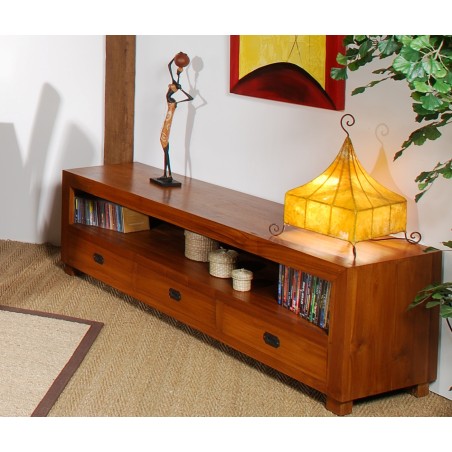 Brown TV cabinet with 3 teak wood drawers | Second-hand