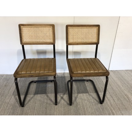 Lot de 2 chaises cuir dossier bois de manguier / rotin - Seconde main