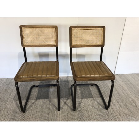 MARCEL Set of 2 Mango Wood Chairs with Padded Leather Seat and Retro Legs