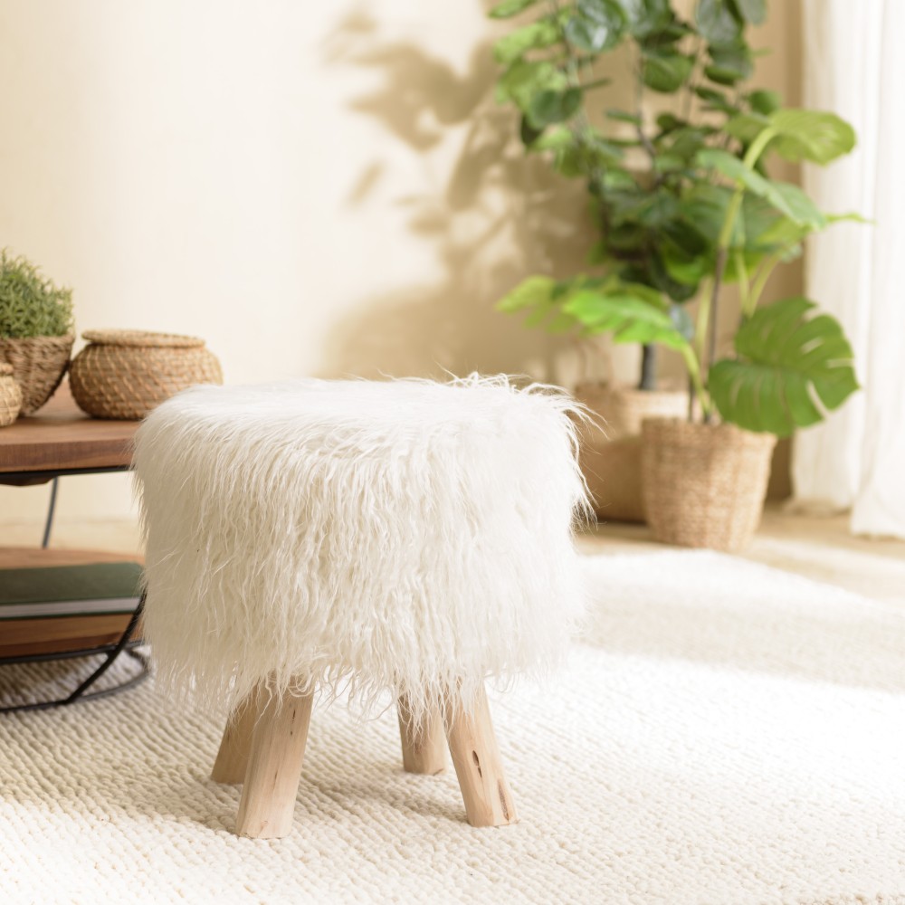 Tabouret rond en peau de mouton 40x40cm - Seconde Main