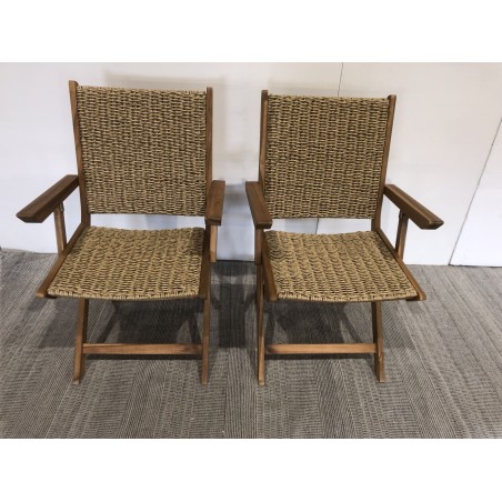 SECONDE MAIN - Lot de 2 fauteuils pliants acacia huilé et rotin synthétique