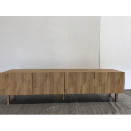 Natural-coloured 4-door TV cabinet with rounded pattern decoration - Second Hand
