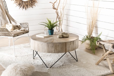 SECONDE MAIN - Table basse ronde 90x90cm bois Teck naturel pieds épingles scandi métal noir