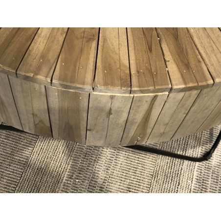 SECONDE MAIN - Table basse ronde 90x90cm bois Teck naturel pieds épingles scandi métal noir