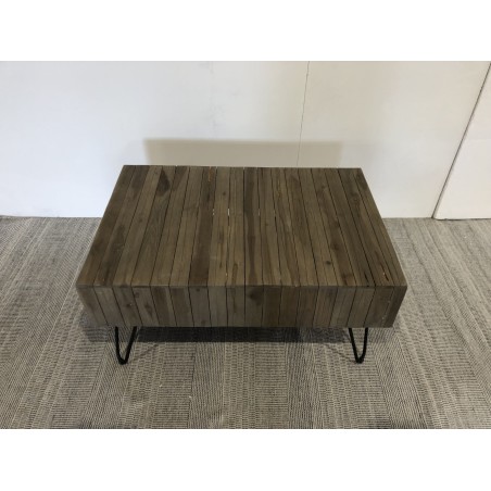 SECONDE MAIN - Table basse rectangulaire 2 tiroirs branches bois Teck naturel - pieds épingles scandi métal