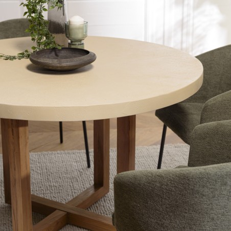 Round dining table, 120x120cm, beige concrete with crossed teak legs - Second-hand