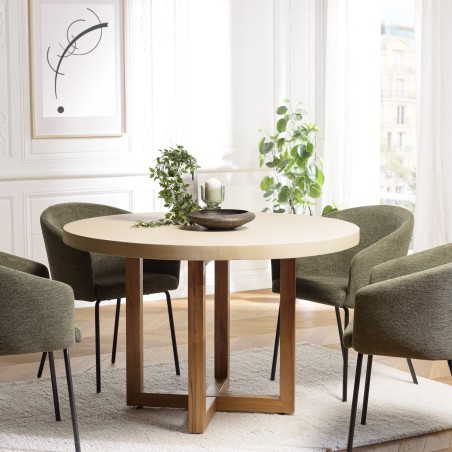 Table à manger ronde 120x120cm béton beige pieds croisés en teck - Seconde Main
