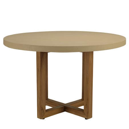 Round dining table, 120x120cm, beige concrete with crossed teak legs - Second-hand