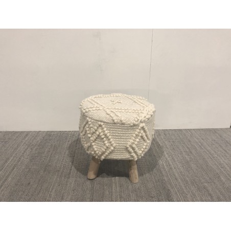 Tabouret rond SACHA 40x40cm laine motifs losanges ivoire