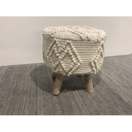 Tabouret rond SACHA 40x40cm laine motifs losanges ivoire