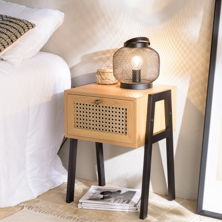 CHARLIE Brown Bedside Table with 1 Drawer - Cane Effect & Metal Legs