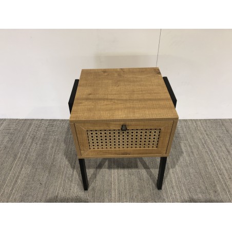 CHARLIE Brown Bedside Table with 1 Drawer - Cane Effect & Metal Legs